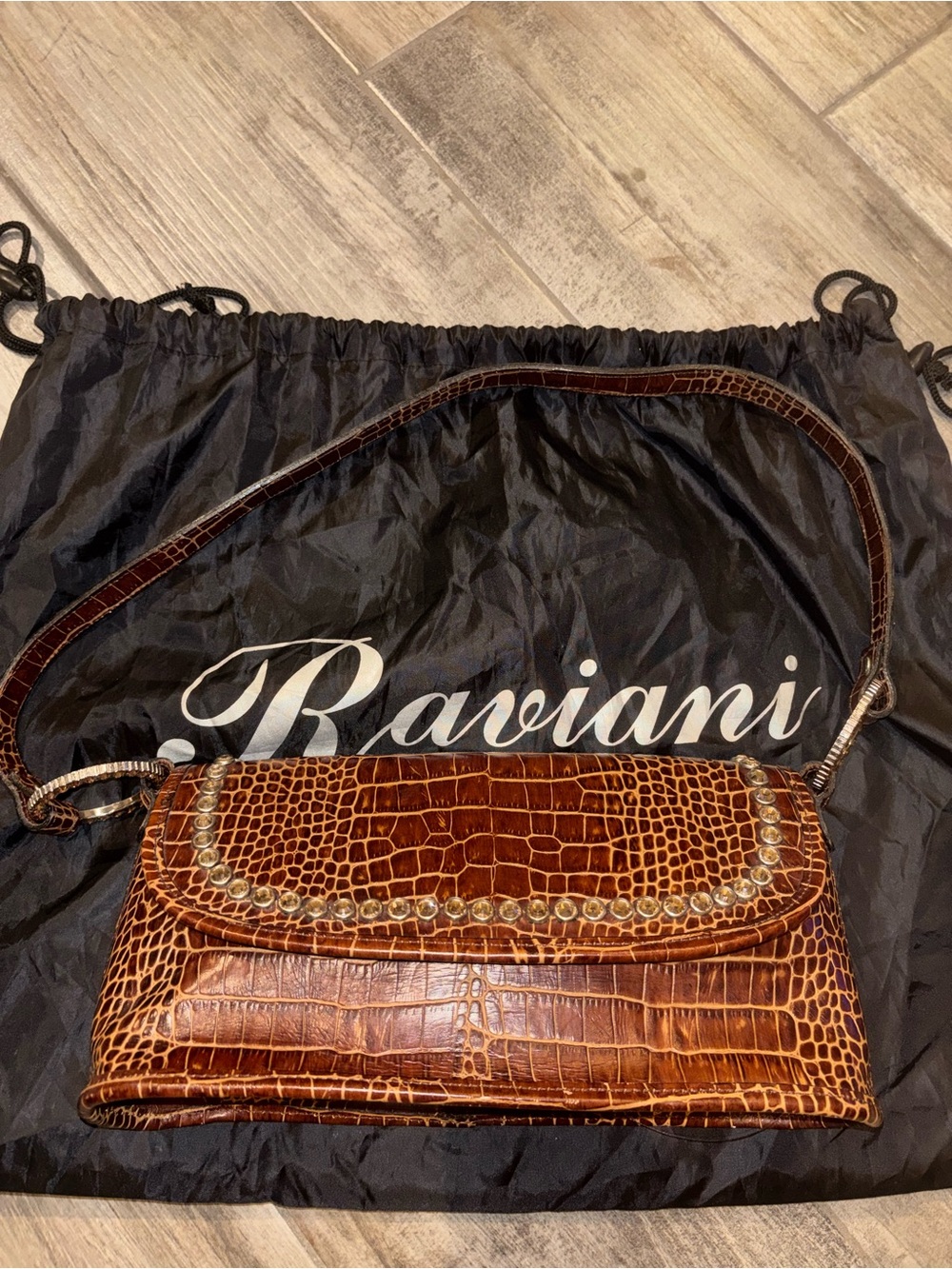 Raviani Croc-Embossed Brown Leather Shoulder Clutch with Stud Trim